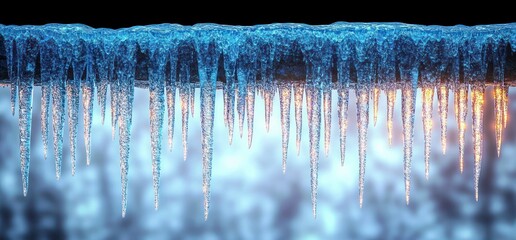Glistening blue icicles hanging from an icy ledge with warm sunlight reflections and a blurred wintry background, serene chilly atmosphere