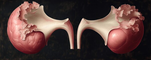 pair of pink ovarian-like spheres with ruffled fimbrial fringes connected by pale curved tubes on a dark background, delicately surreal and clinical