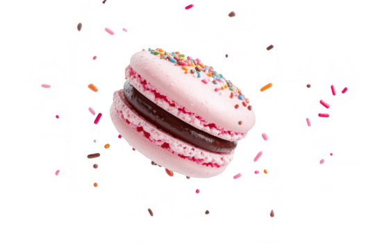 A pink macaron with chocolate filling is suspended in mid-air. surrounded by colorful sprinkles. creating a playful and festive atmosphere perfect for dessert-themed promotions