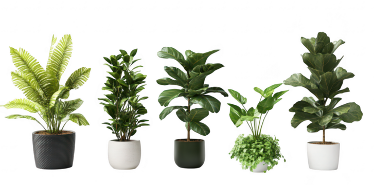 A collection of five diverse indoor plants in stylish pots arranged on a clean white background. various leaf shapes and colors. ideal for home decor or office environments