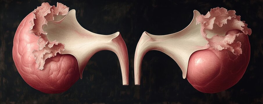 pair of pink ovarian-like spheres with ruffled fimbrial fringes connected by pale curved tubes on a dark background, delicately surreal and clinical