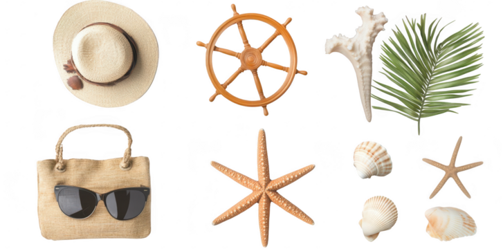 A serene beach-themed flat lay featuring a straw hat. a wooden ships wheel. various seashells. a palm leaf. a jute bag. and sunglasses. evoking a sense of summer vacation and coastal relaxation - Powered by Adobe