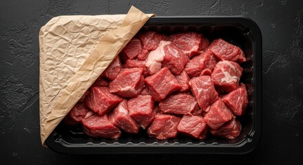 Raw diced beef cubes in a black tray with paper packaging