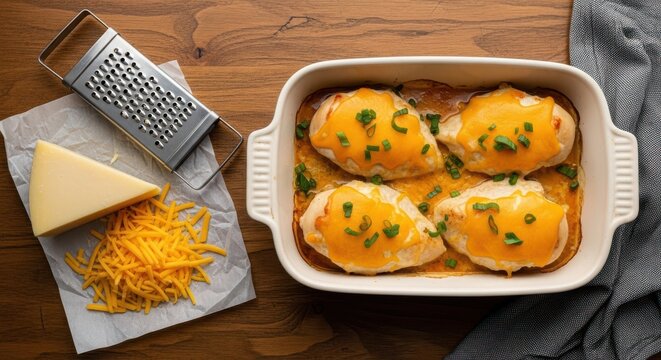 Delicious baked chicken covered in melted cheese and herbs - Powered by Adobe