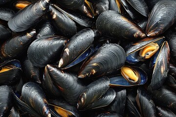 close-up pile of fresh wet mussels with glossy black shells and golden orange flesh glistening with water droplets, appetizing and briny