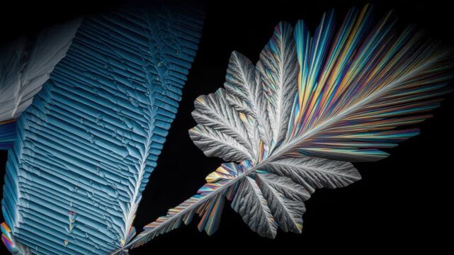 Microscopic crystallization of a chemical substance under polarized light. Abstract time lapse sequence showing iridescent crystal growth with vibrant fractal patterns