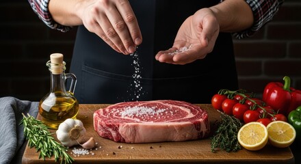 Chef seasoning a raw steak with salt and preparing ingredients for cooking