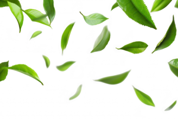A serene scene depicting green tea leaves gracefully falling against a transparent background. evoking a sense of freshness and natural beauty. suitable for wellness or culinary themes