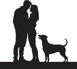 Couple With Dog Silhouette | Valentine Pet Love Illustration