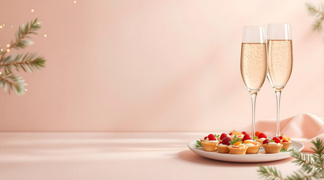 Holiday concept with champagne flutes and delicious fruit tarts, perfect for festive gatherings, special occasions, and cheerful celebrations