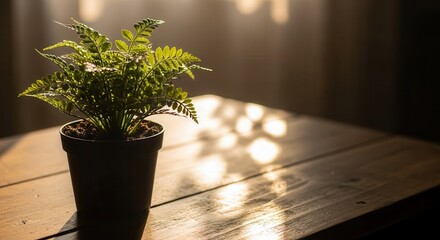 Small potted fern illuminated by warm sunlight dappling across a wooden surface