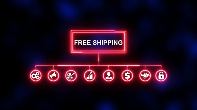 Free Shipping, Hologram Futuristic Interface, Augmented Virtual Reality. Animated icons of quality, management, standard, assurance, business, certification and service on transparent background