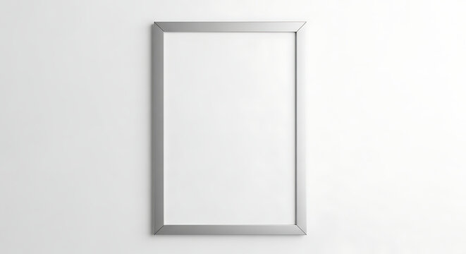 A portrait oriented silver frame hanging on a white wall with a blank white space inside it perfectly