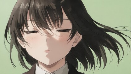 Anime girl with closed eyes and flowing dark hair in a gentle breeze.