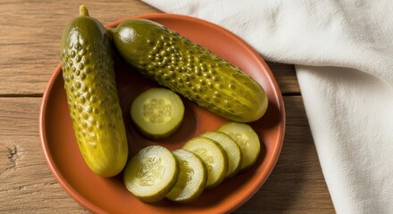 Whole and sliced dill pickles on a rustic plate