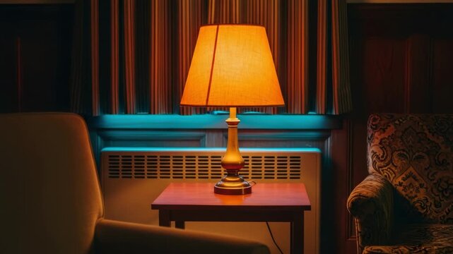 Cozy vintage living room interior with a warm glowing table lamp on a side table. Atmospheric scene with contrasting orange and blue light creating a cinematic mood