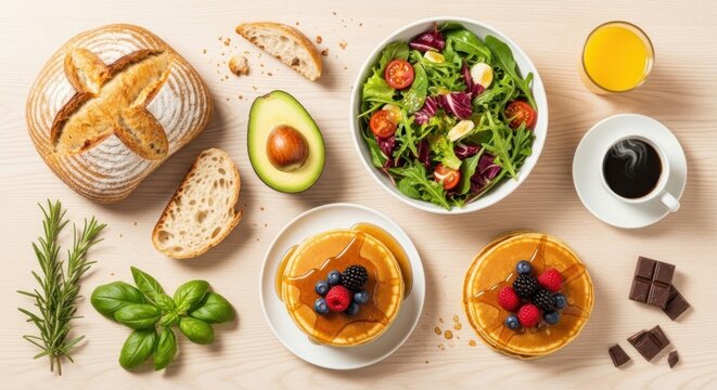 A wooden table with a bowl of salad, a bowl of fruit, a cup of coffee, and a slice of bread.