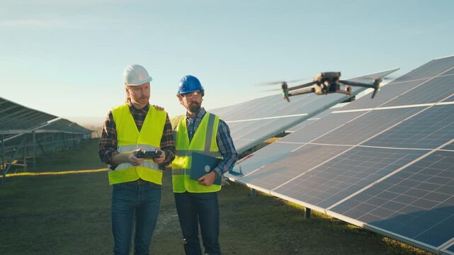 Engineers inspect solar farm using drones in California during daylight