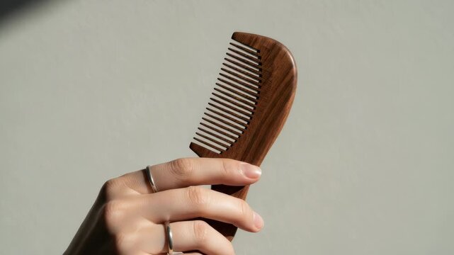 Woman holding a beautiful wooden comb for a daily hair care routine. Natural beauty and self care concept with an eco friendly accessory. Panoramic banner with copy space for text