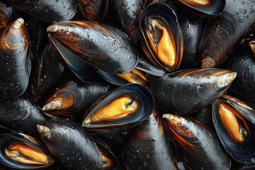 close-up of glistening black mussel shells with bright orange flesh exposed, wet droplets and rich glossy texture evoking fresh savory appetite