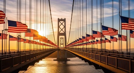 Obraz premium American flags waving on a suspension bridge at sunset