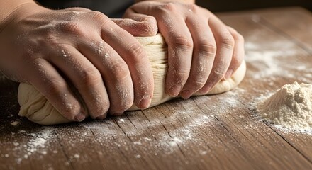 Close-up of hands kneading dough on a floured wooden surface