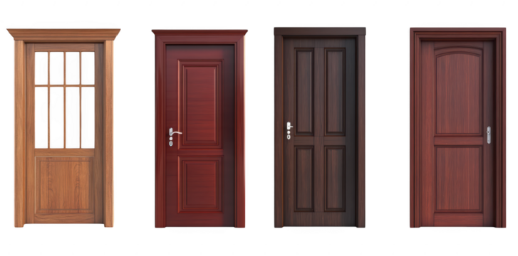 A collection of four distinct wooden doors various styles and finishes. set against a clean white background. ideal for home improvement or interior design inspiration