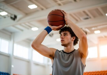 Young Basketball Player in Shooting Form; Focused Male Athlete Training for Game
