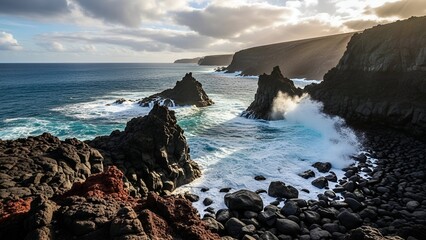 Obraz premium Dramatic Coastal Cliffs with Rocky Shoreline and Ocean Waves Under Cloudy Sky