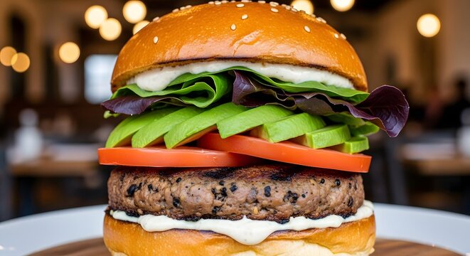 Close-up of a juicy gourmet burger with fresh lettuce, tomato, and sesame seed bun on a white plate in a restaurant.