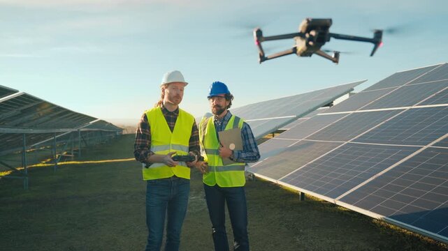 Inspecting solar panels using drone technology at a renewable energy site in sunny California