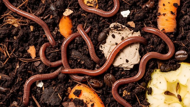 Earthworm in Soil with Organic Debris and Fruit Pieces for Gardening and Composting