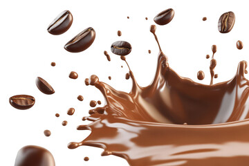 A dynamic splash of rich chocolate with flying coffee beans against a clean white background. creating an enticing visual for culinary promotions or dessert advertisements