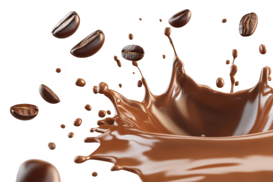 A dynamic splash of rich chocolate with flying coffee beans against a clean white background. creating an enticing visual for culinary promotions or dessert advertisements