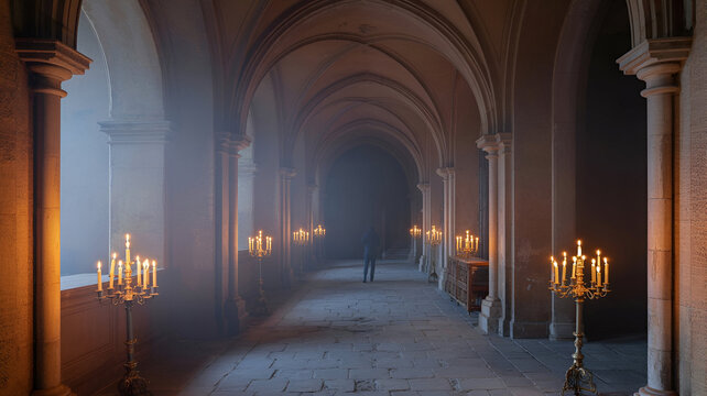 Eerie medieval hallway with glowing candles and solitary figure