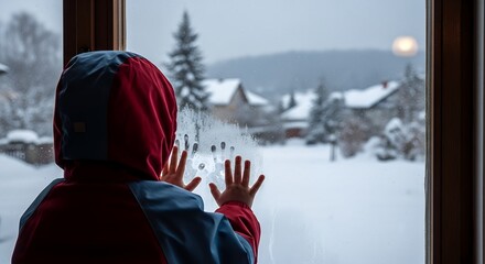 Child Looking Through Window at Winter Landscape with Handprints