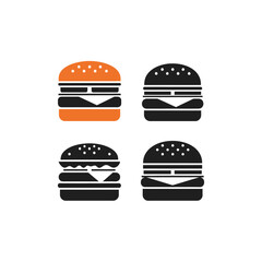 A collection of four stylized hamburger and cheeseburger icons, with one in orange and three in black silhouette.