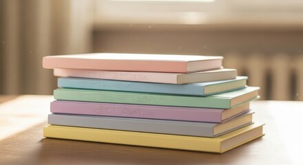 Stack of freshly bound books with pastel covers rests upon a wooden surface bathed in soft light
