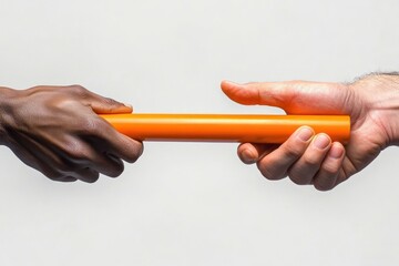 two hands of contrasting skin tones passing an orange relay baton against a plain background, conveying teamwork and trust