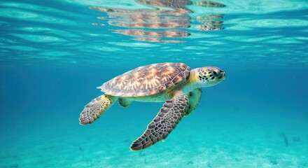 Fototapeta premium Sea turtle glides gracefully underwater, reflecting sunlight above