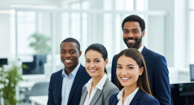 Four business professionals standing in an office setting.