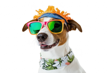 A cheerful dog wearing sunglasses and a colorful headband. posing against a plain white background. radiating a fun and playful summer vibe. perfect for pet-themed marketing