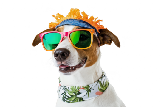 A cheerful dog wearing sunglasses and a colorful headband. posing against a plain white background. radiating a fun and playful summer vibe. perfect for pet-themed marketing