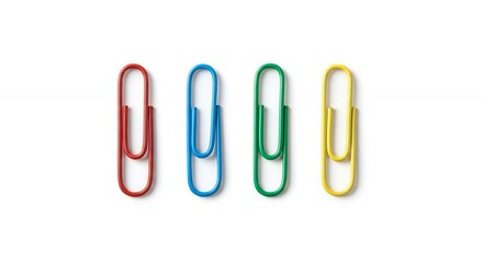 Arrangement of Colorful Paperclips with Red, Blue, Green, and Yellow on White Background for Office or School Use