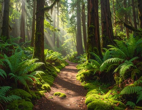 Lush forest scene, sunlight streams through tall trees, illuminating a winding path and vibrant green ferns on the ground
