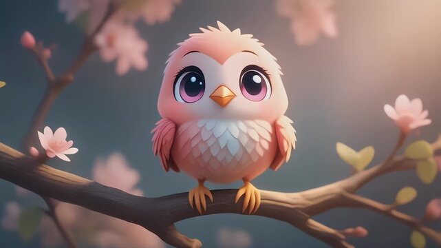 Charming and adorable little pink bird with huge, sparkling anime eyes rests on a flowering cherry blossom branch in spring