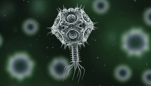 Detailed bacteriophage virus attacking cell concept animation for medical research and science visualizations with realistic 3D
