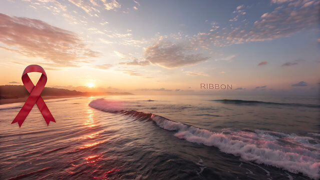A red ribbon symbol of awareness and hope stands against a vibrant sunset over a tranquil ocean symbolizing support and remembrance for hiv aids