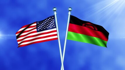USA and Malawi Flag Waving On Pole Loop