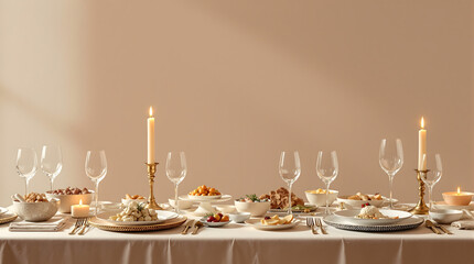 Elegant dinner party with glowing candles and exquisite dishes, perfect for holiday celebrations and intimate gatherings, inviting ambiance and fine dining